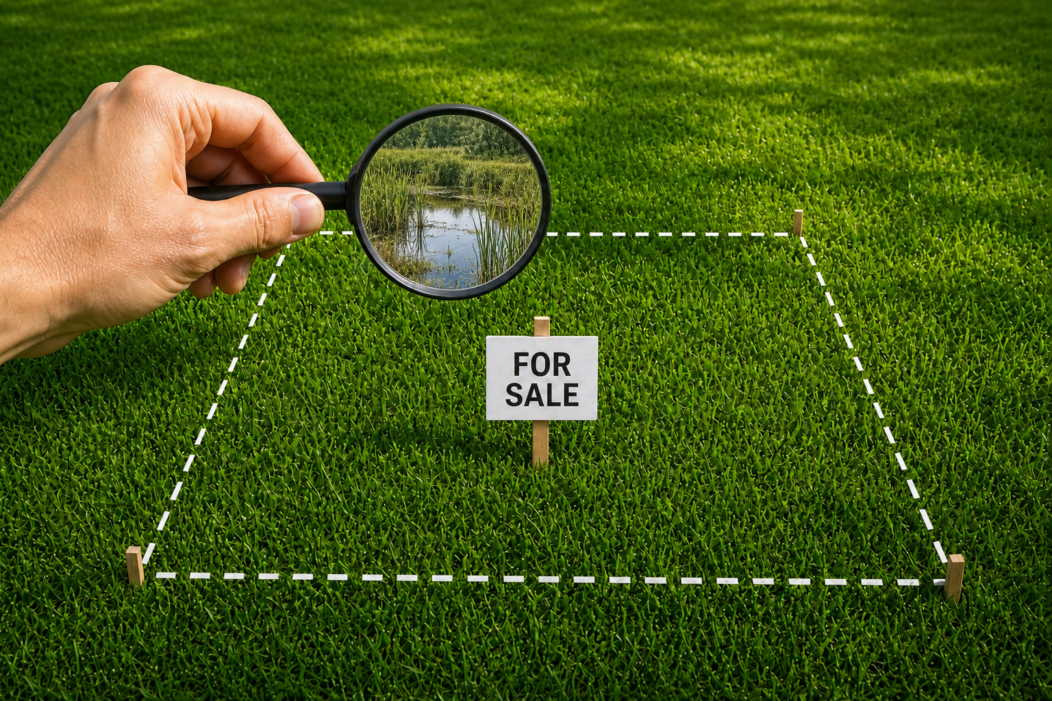 Grass Lot with Magnifying Glass Showing Wetlands